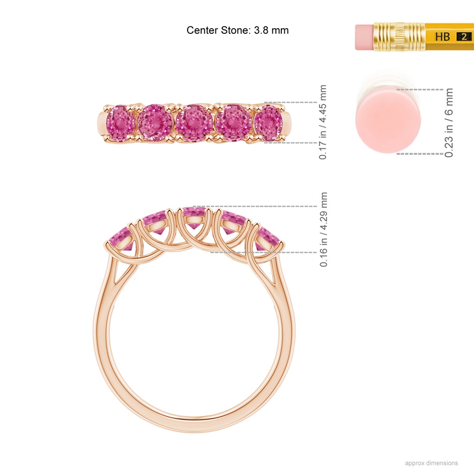 3.8mm AAA Half Eternity Five Stone Pink Sapphire Wedding Ring in Rose Gold ruler