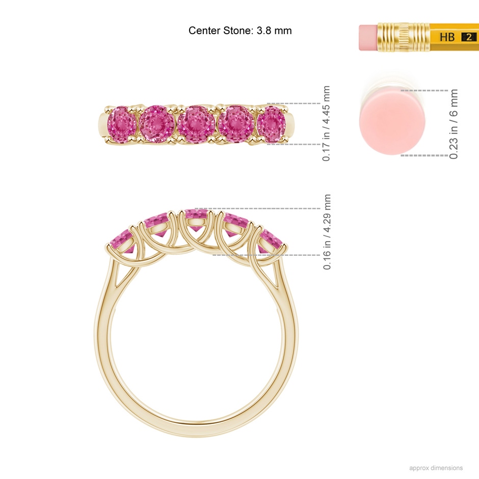 3.8mm AAA Half Eternity Five Stone Pink Sapphire Wedding Ring in Yellow Gold ruler