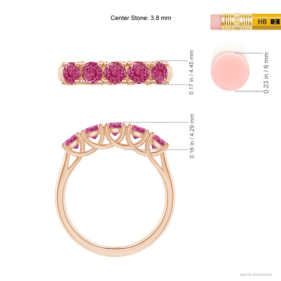 3.8mm AAAA Half Eternity Five Stone Pink Sapphire Wedding Ring in Rose Gold ruler