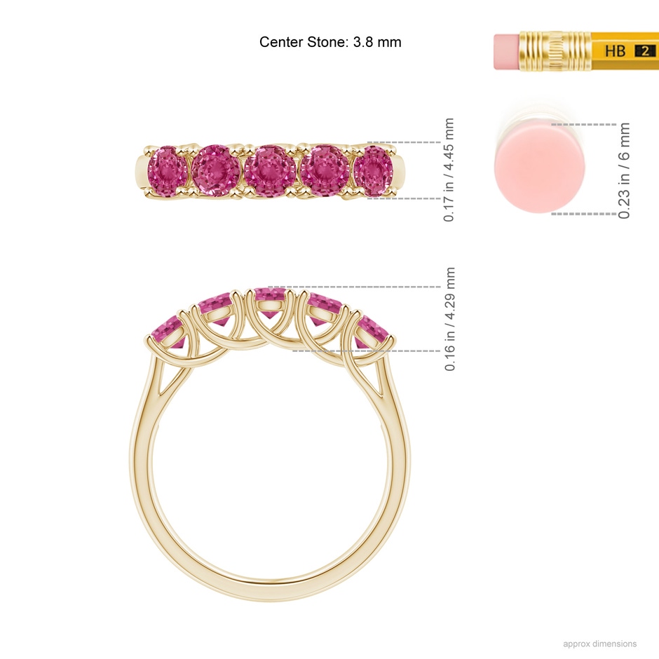 3.8mm AAAA Half Eternity Five Stone Pink Sapphire Wedding Ring in Yellow Gold ruler