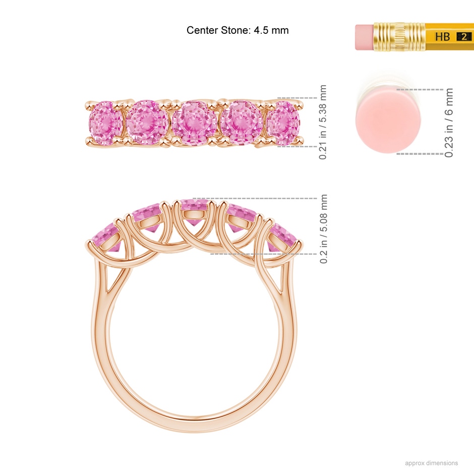 4.5mm A Half Eternity Five Stone Pink Sapphire Wedding Ring in Rose Gold ruler