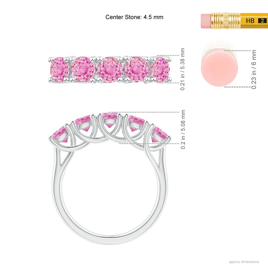 4.5mm A Half Eternity Five Stone Pink Sapphire Wedding Ring in White Gold ruler