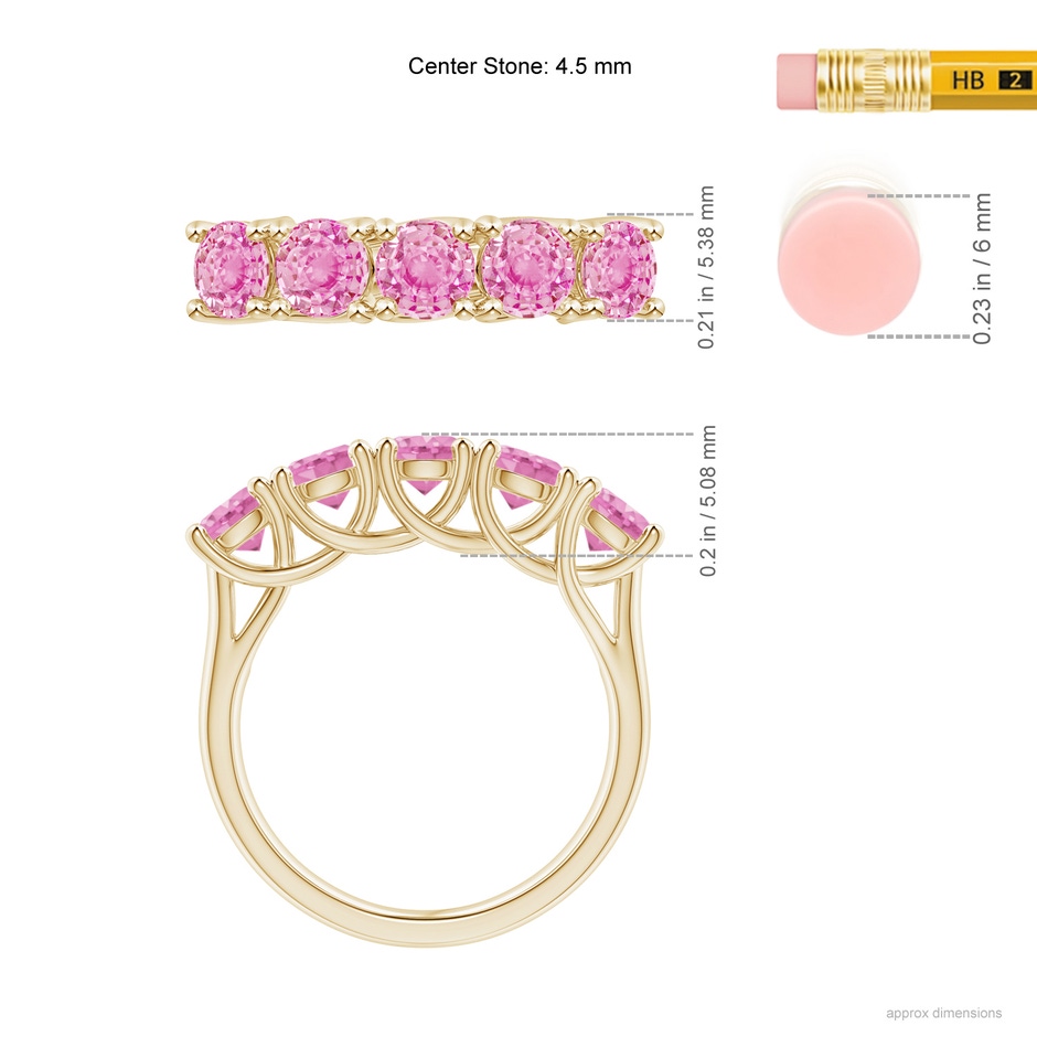 4.5mm A Half Eternity Five Stone Pink Sapphire Wedding Ring in Yellow Gold ruler