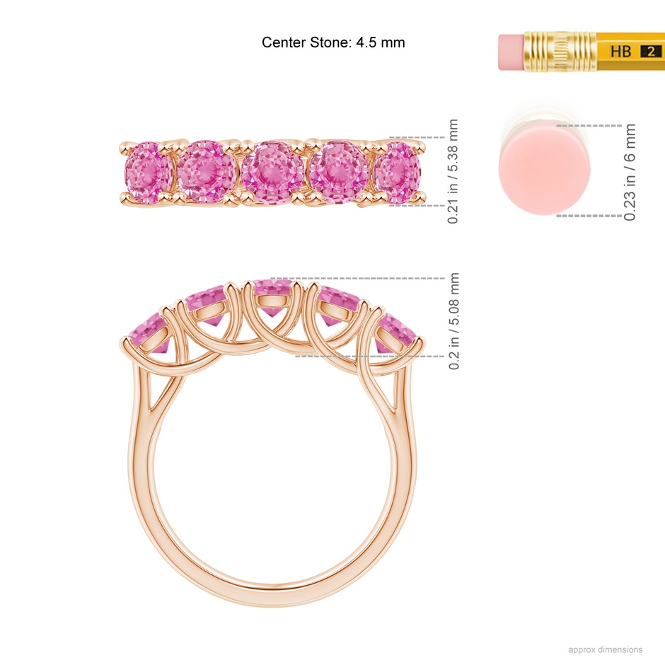 4.5mm AA Half Eternity Five Stone Pink Sapphire Wedding Ring in Rose Gold ruler