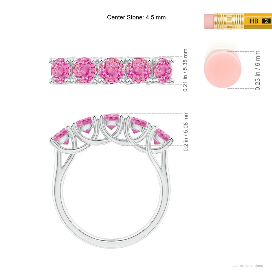 4.5mm AA Half Eternity Five Stone Pink Sapphire Wedding Ring in White Gold ruler