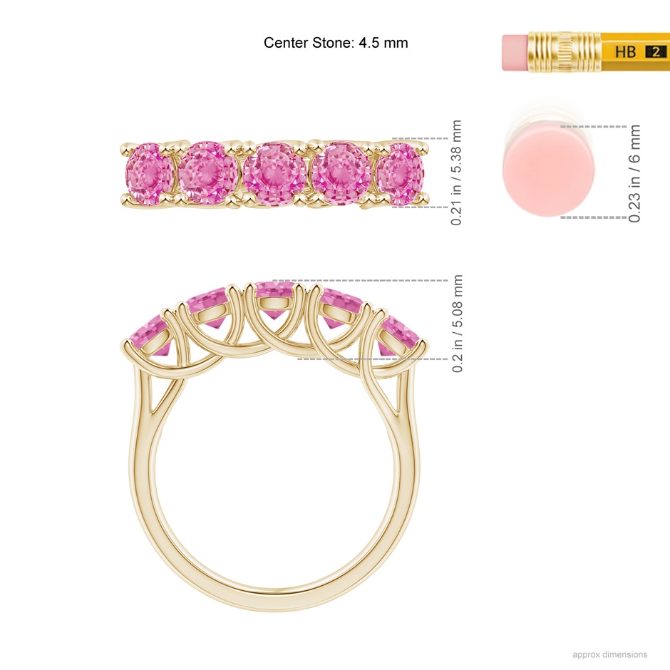 4.5mm AA Half Eternity Five Stone Pink Sapphire Wedding Ring in Yellow Gold ruler