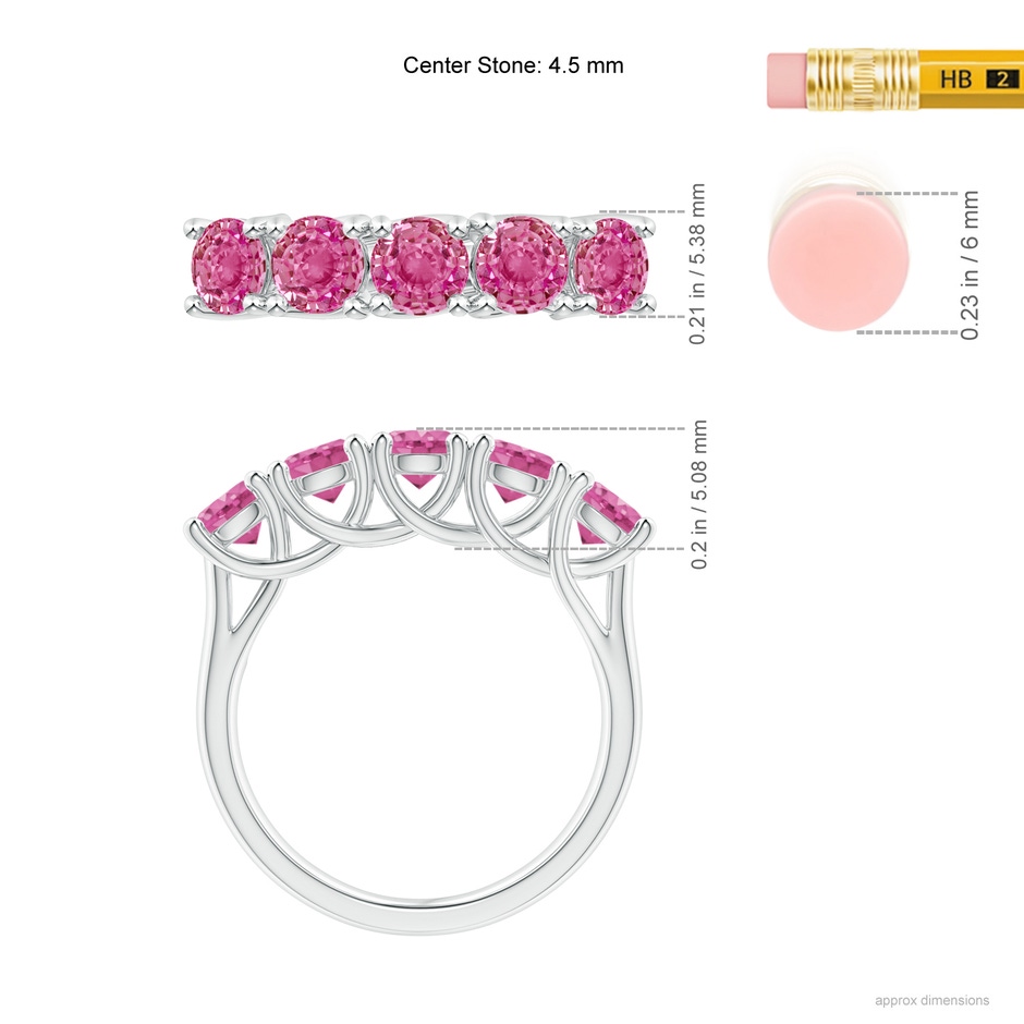 4.5mm AAA Half Eternity Five Stone Pink Sapphire Wedding Ring in White Gold ruler