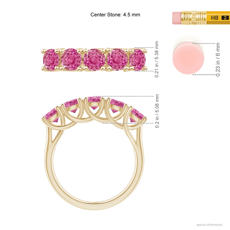 4.5mm AAA Half Eternity Five Stone Pink Sapphire Wedding Ring in Yellow Gold ruler