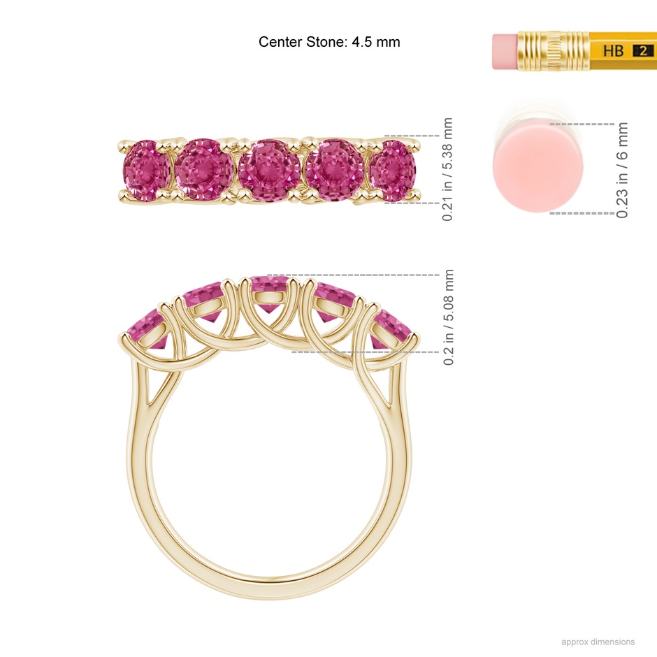 4.5mm AAAA Half Eternity Five Stone Pink Sapphire Wedding Ring in Yellow Gold ruler