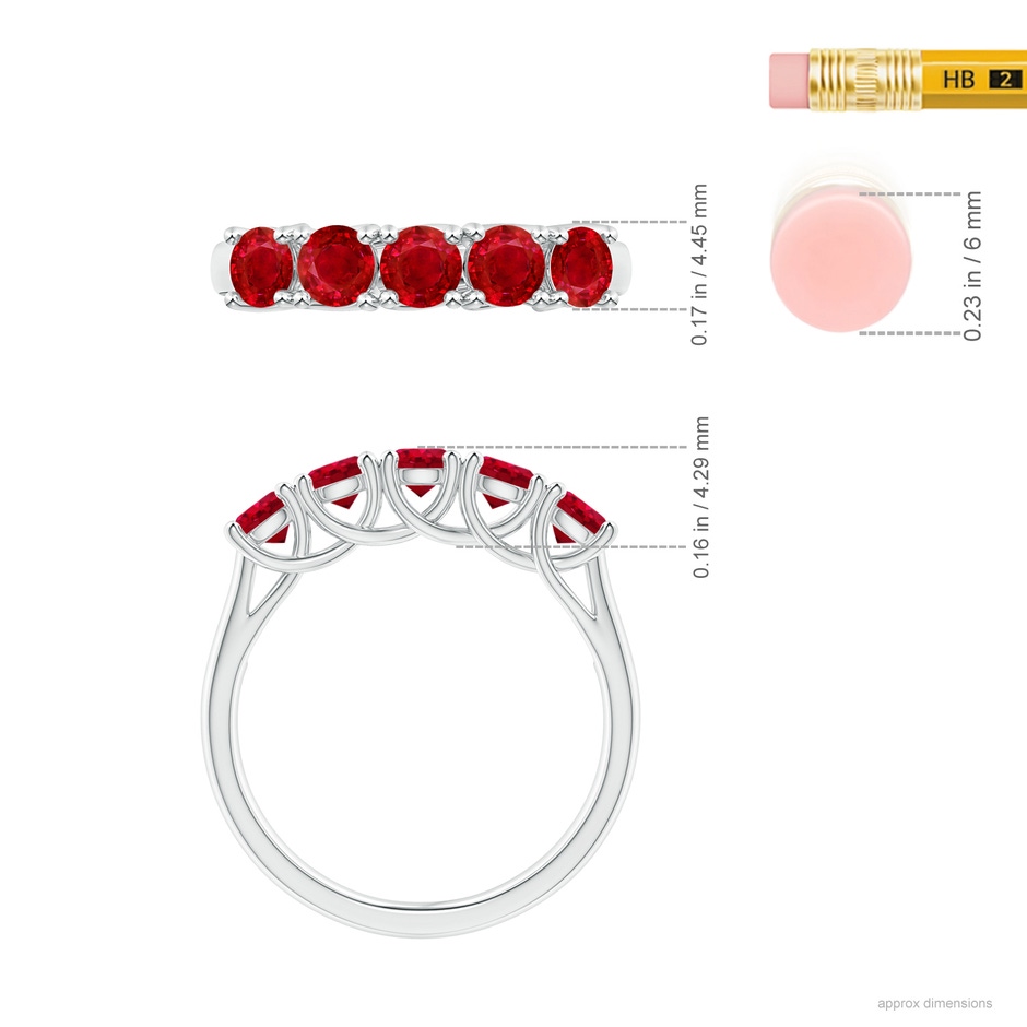 3.8mm AAA Half Eternity Five Stone Ruby Wedding Band in White Gold ruler