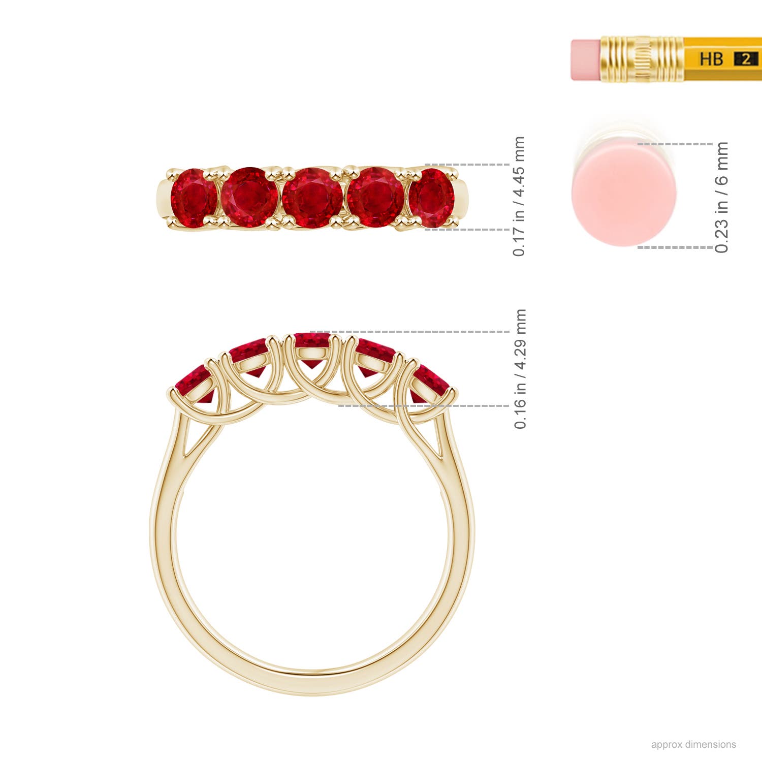 3.8mm AAA Half Eternity Five Stone Ruby Wedding Band in Yellow Gold - ruler