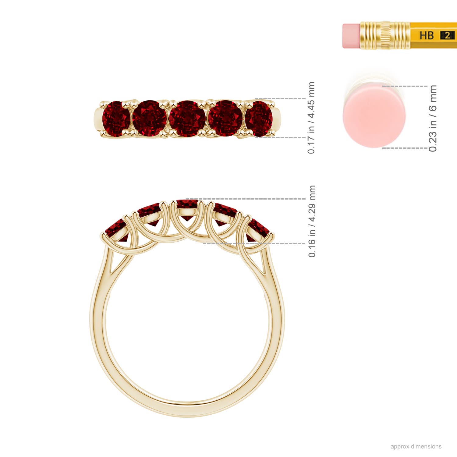 3.8mm AAAA Half Eternity Five Stone Ruby Wedding Band in Yellow Gold - ruler