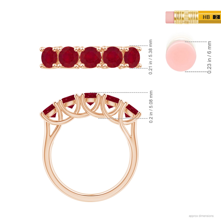 4.5mm AA Half Eternity Five Stone Ruby Wedding Band in Rose Gold ruler