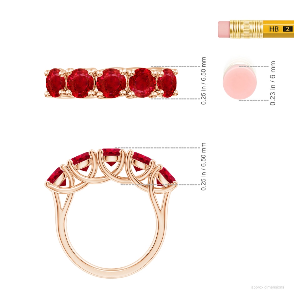 5.5mm AAA Half Eternity Five Stone Ruby Wedding Band in Rose Gold ruler