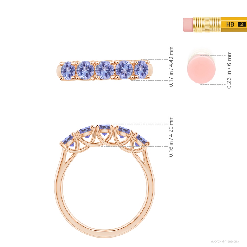 3.8mm AA Half Eternity Five Stone Tanzanite Wedding Band in 10K Rose Gold ruler