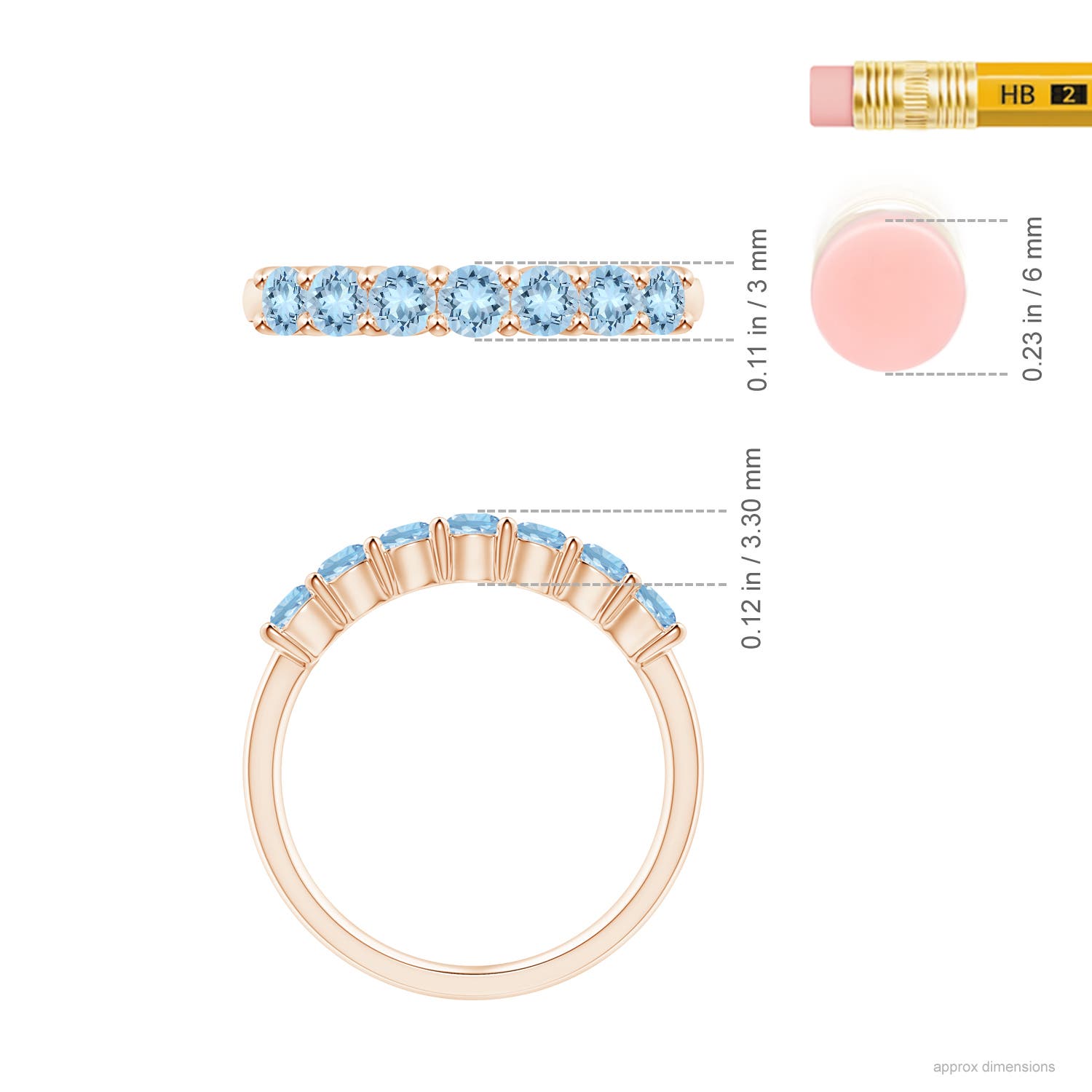 3mm AAA Half Eternity Seven Stone Aquamarine Wedding Ring in 18CT Rose Gold - ruler