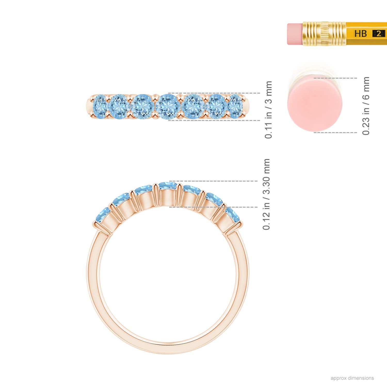 3mm AAAA Half Eternity Seven Stone Aquamarine Wedding Ring in Rose Gold - ruler