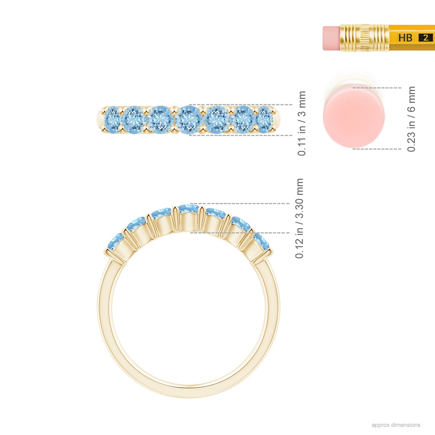3mm AAAA Half Eternity Seven Stone Aquamarine Wedding Ring in Yellow Gold - ruler