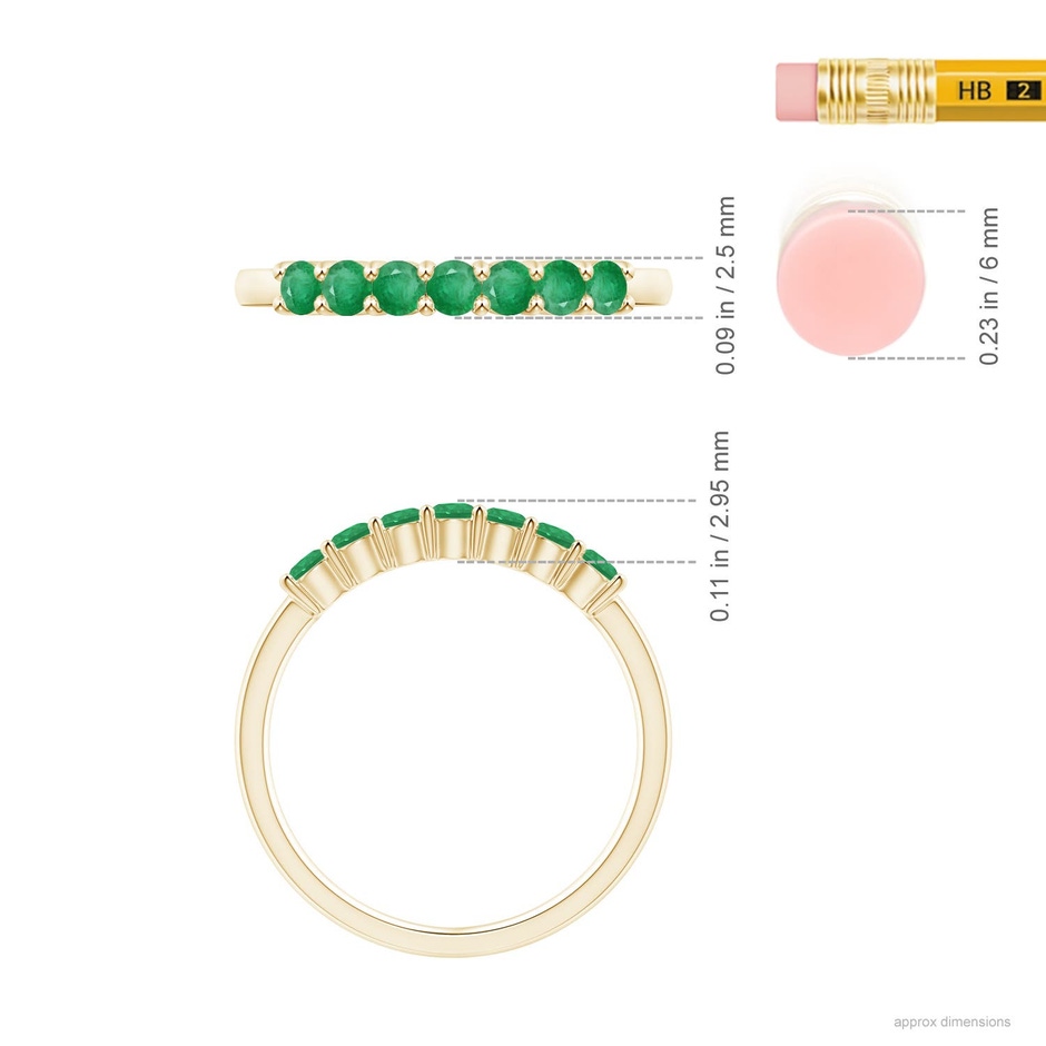 2.5mm A Half Eternity Seven Stone Emerald Wedding Ring in 18K Yellow Gold ruler
