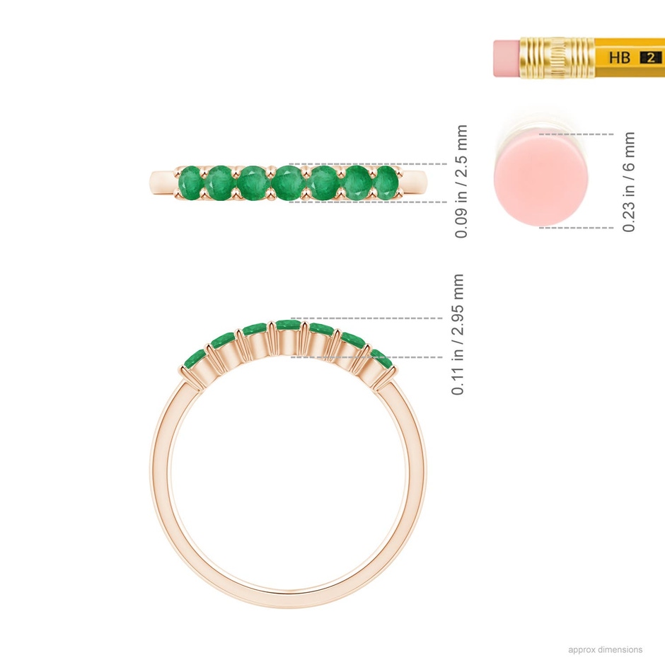 2.5mm A Half Eternity Seven Stone Emerald Wedding Ring in Rose Gold ruler