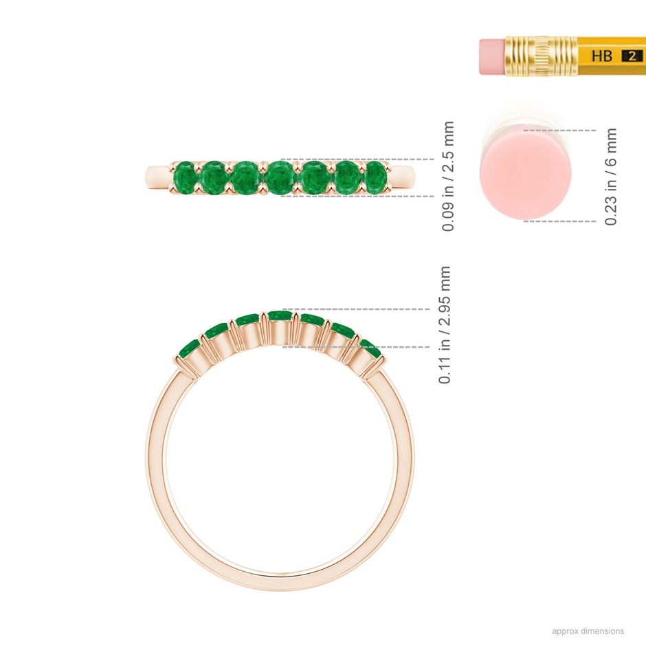 2.5mm AA Half Eternity Seven Stone Emerald Wedding Ring in 18K Rose Gold ruler