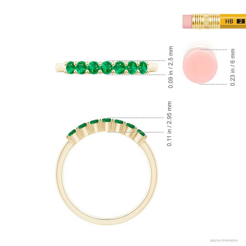 2.5mm AAA Half Eternity Seven Stone Emerald Wedding Ring in Yellow Gold ruler
