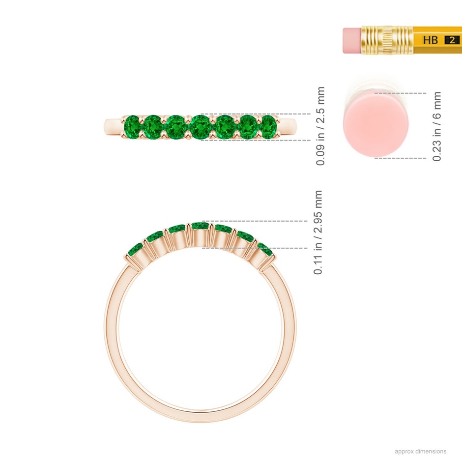 2.5mm AAAA Half Eternity Seven Stone Emerald Wedding Ring in Rose Gold ruler
