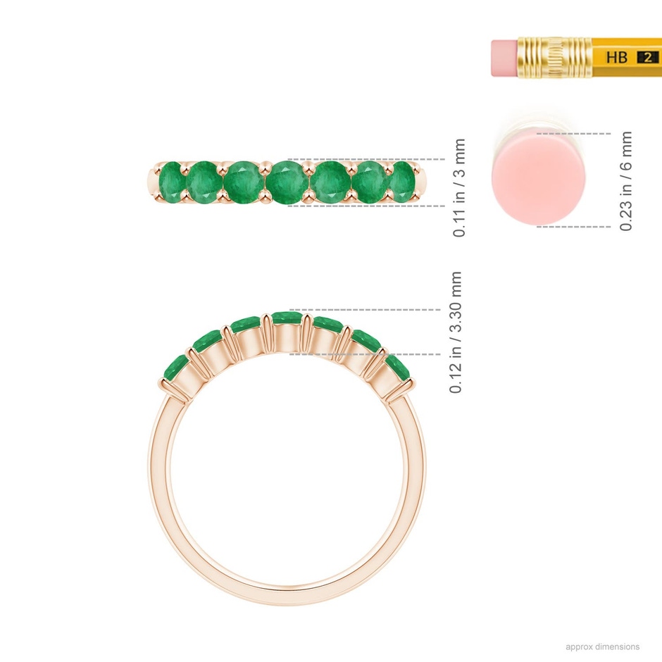 3mm A Half Eternity Seven Stone Emerald Wedding Ring in Rose Gold ruler
