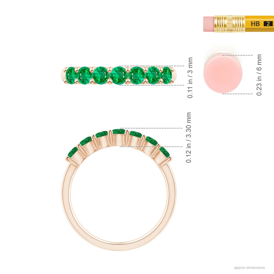 3mm AAA Half Eternity Seven Stone Emerald Wedding Ring in Rose Gold ruler