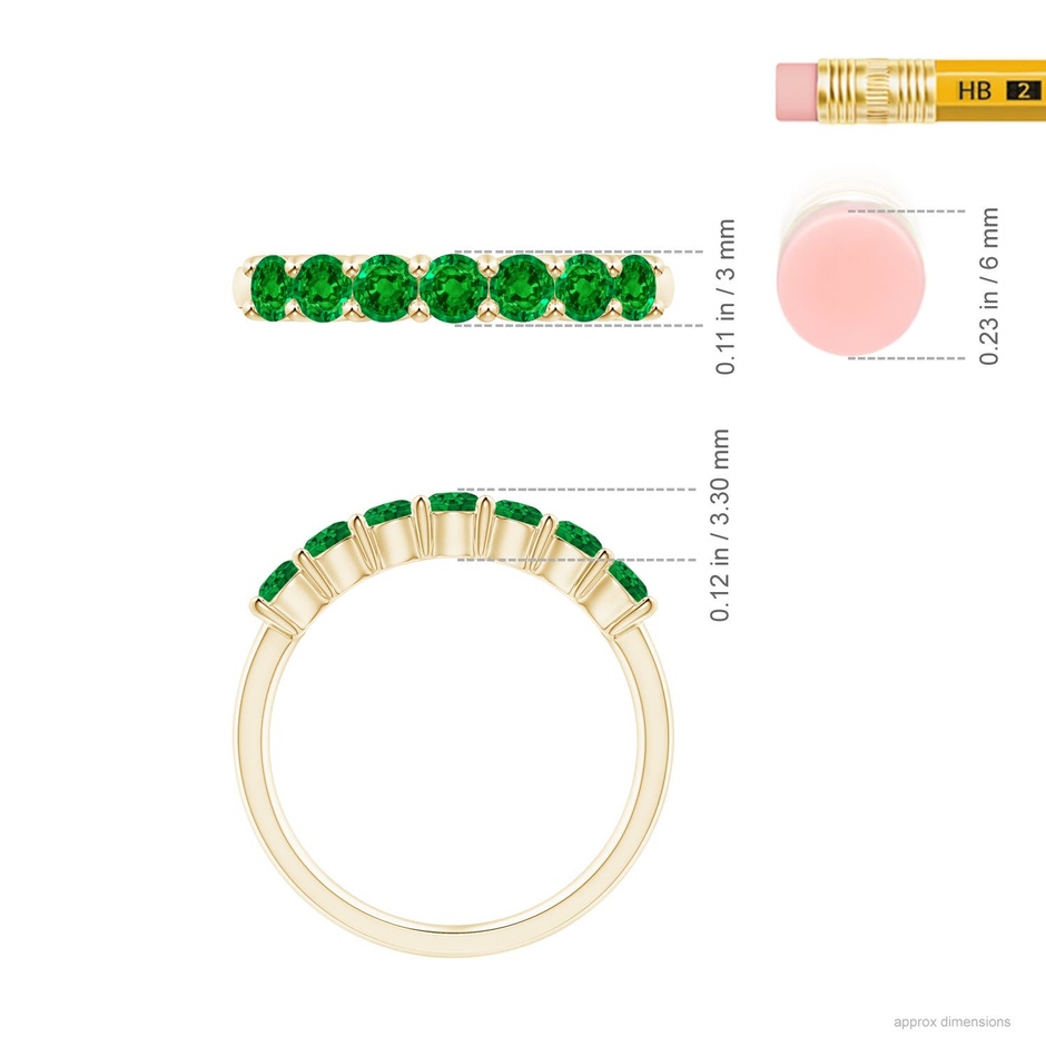 3mm AAAA Half Eternity Seven Stone Emerald Wedding Ring in Yellow Gold ruler