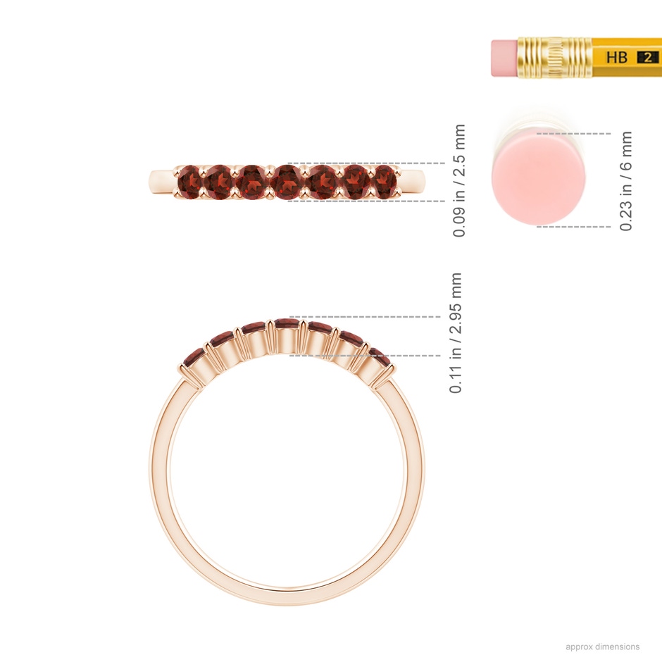 2.5mm AAAA Half Eternity Seven Stone Garnet Wedding Ring in Rose Gold ruler