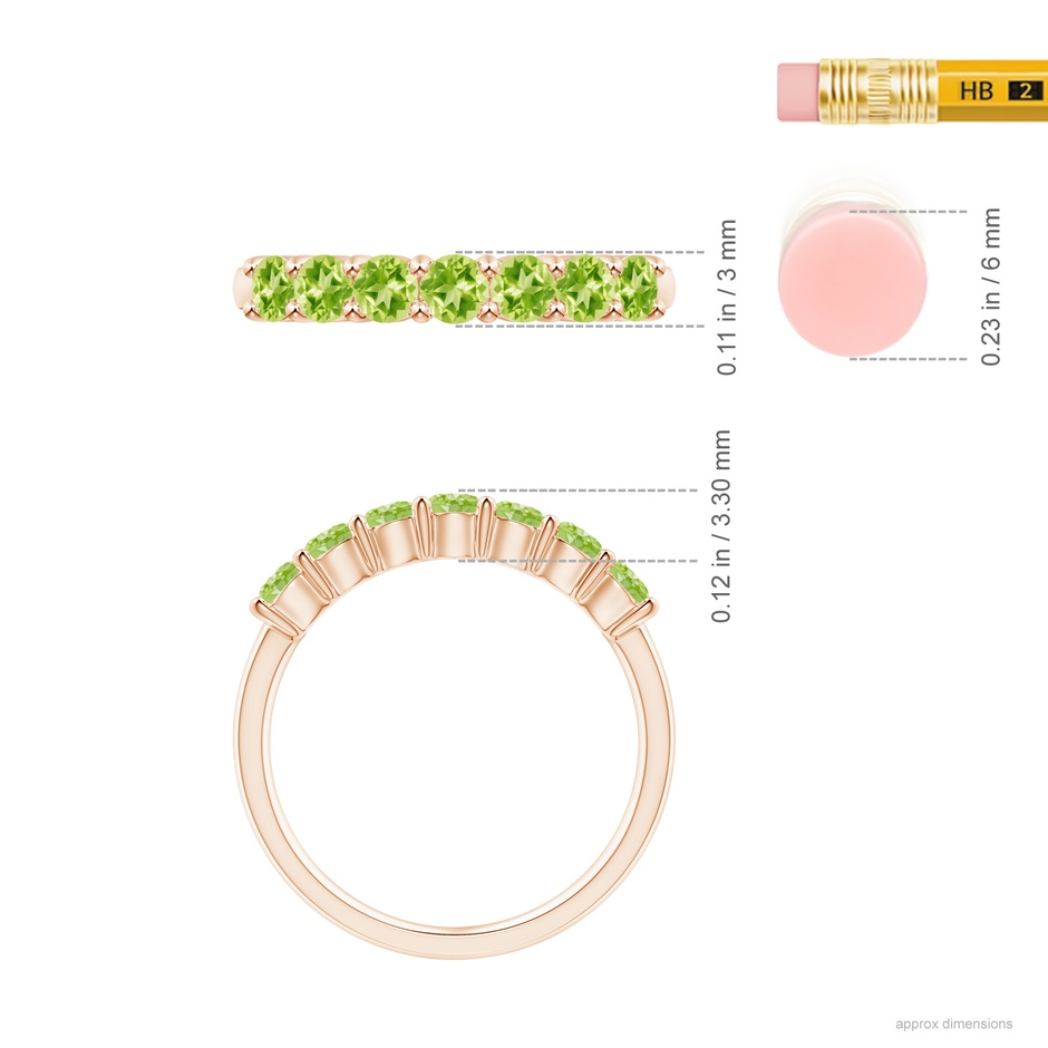 3mm AAAA Half Eternity Seven Stone Peridot Wedding Ring in 18K Rose Gold ruler