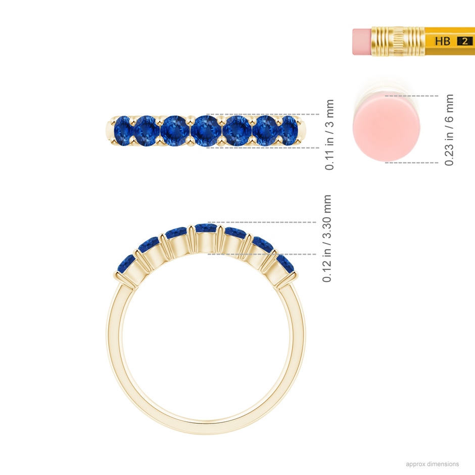 3mm AAA Half Eternity Seven Stone Sapphire Wedding Ring in Yellow Gold ruler
