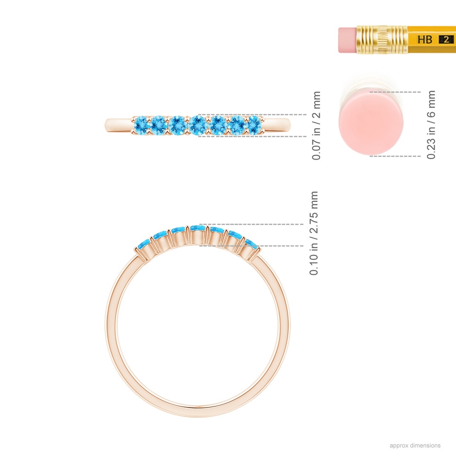 2mm AAAA Half Eternity Seven Stone Swiss Blue Topaz Wedding Ring in Rose Gold ruler