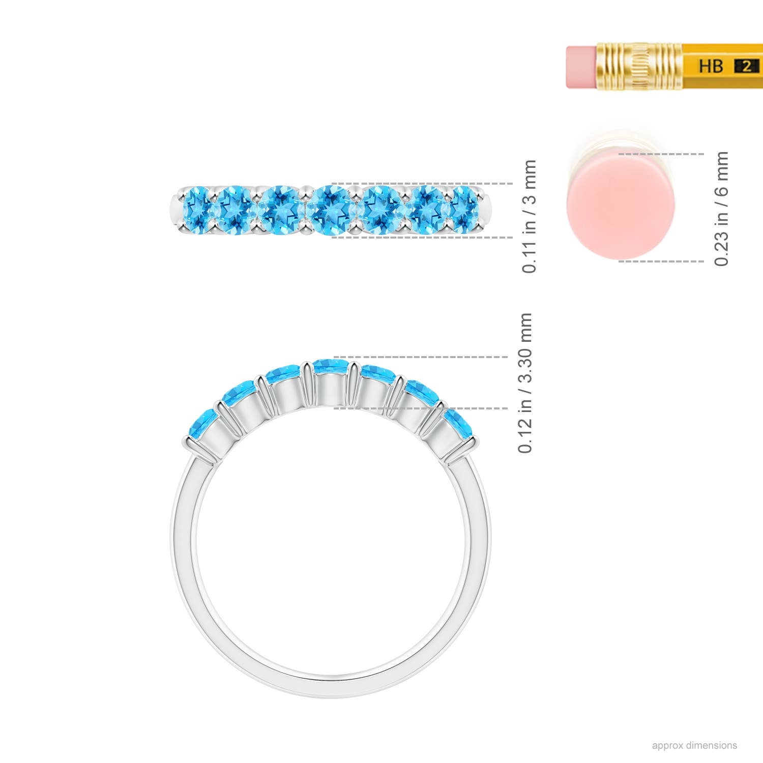 3mm AAAA Half Eternity Seven Stone Swiss Blue Topaz Wedding Ring in P950 Platinum - ruler