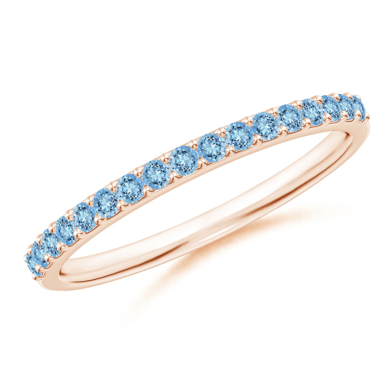 1.5mm AAAA Prong Set Half Eternity Round Aquamarine Wedding Ring in Rose Gold