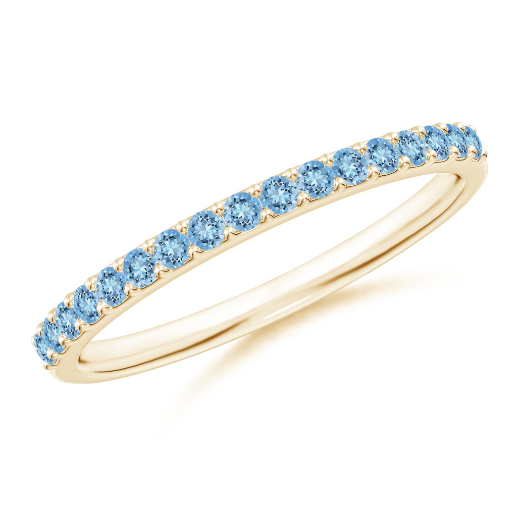 1.5mm AAAA Prong Set Half Eternity Round Aquamarine Wedding Ring in Yellow Gold