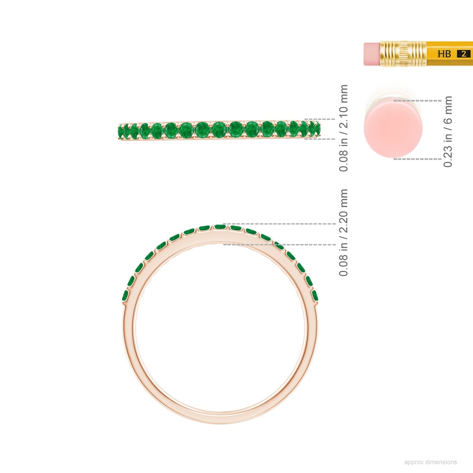 1.5mm AA Prong Set Half Eternity Round Emerald Wedding Ring in Rose Gold ruler
