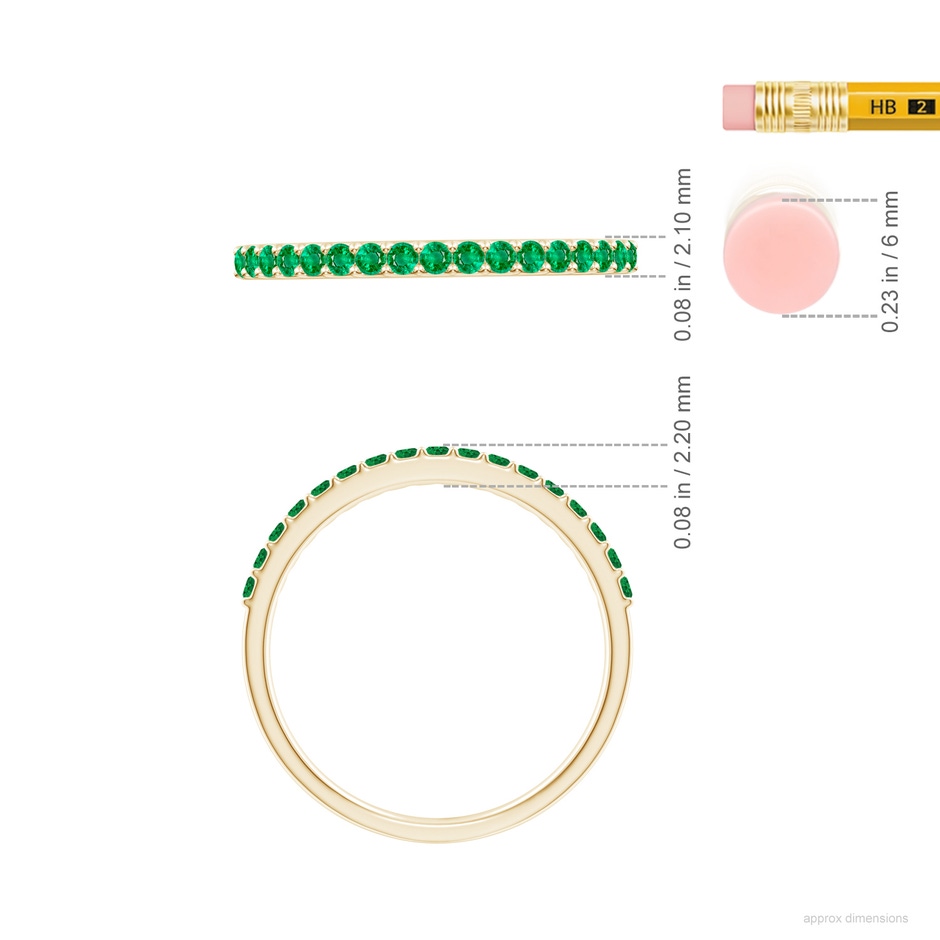 1.5mm AAA Prong Set Half Eternity Round Emerald Wedding Ring in Yellow Gold ruler