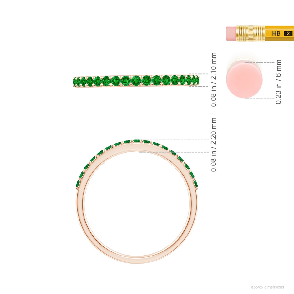 1.5mm AAAA Prong Set Half Eternity Round Emerald Wedding Ring in Rose Gold ruler