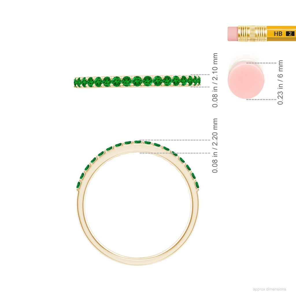 1.5mm AAAA Prong Set Half Eternity Round Emerald Wedding Ring in Yellow Gold ruler