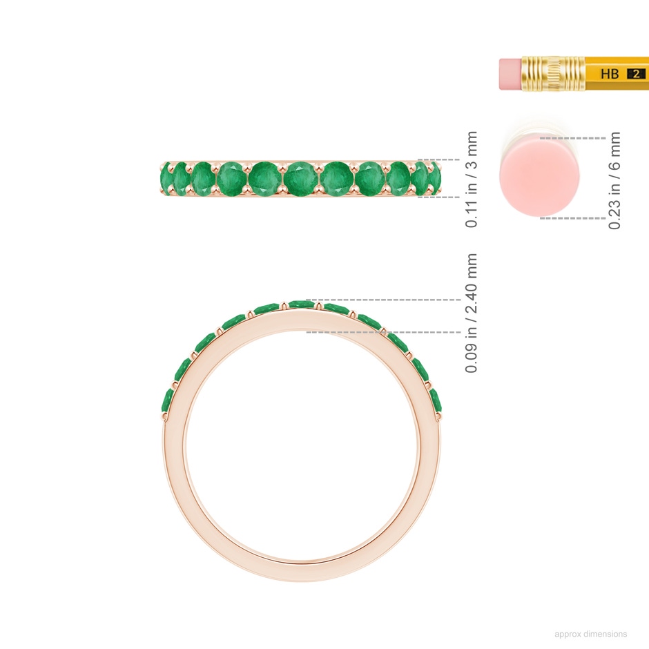 2.5mm A Prong Set Half Eternity Round Emerald Wedding Ring in Rose Gold ruler