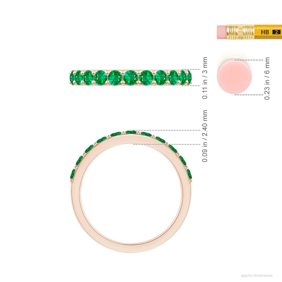 2.5mm AAA Prong Set Half Eternity Round Emerald Wedding Ring in Rose Gold ruler