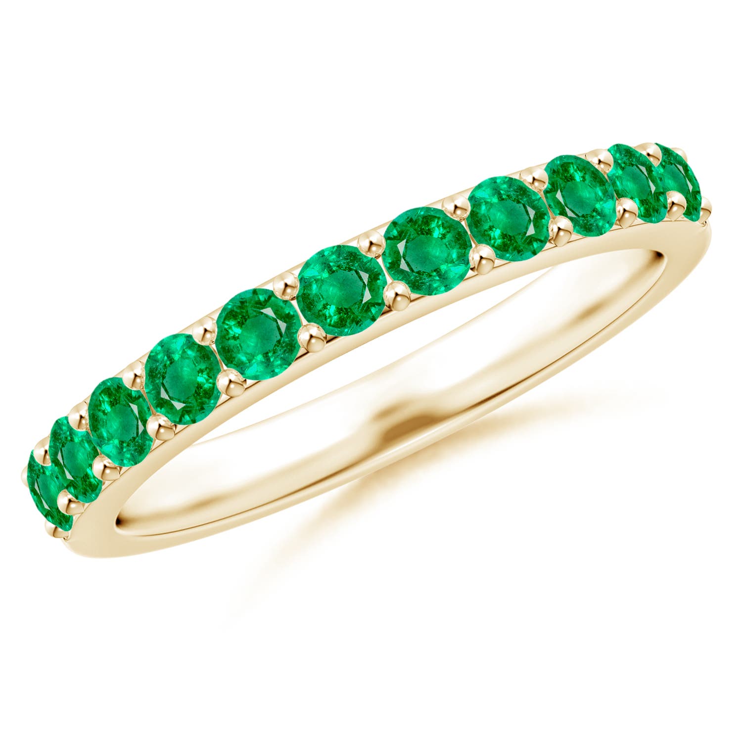 2.5mm AAA Prong Set Half Eternity Round Emerald Wedding Ring in Yellow Gold