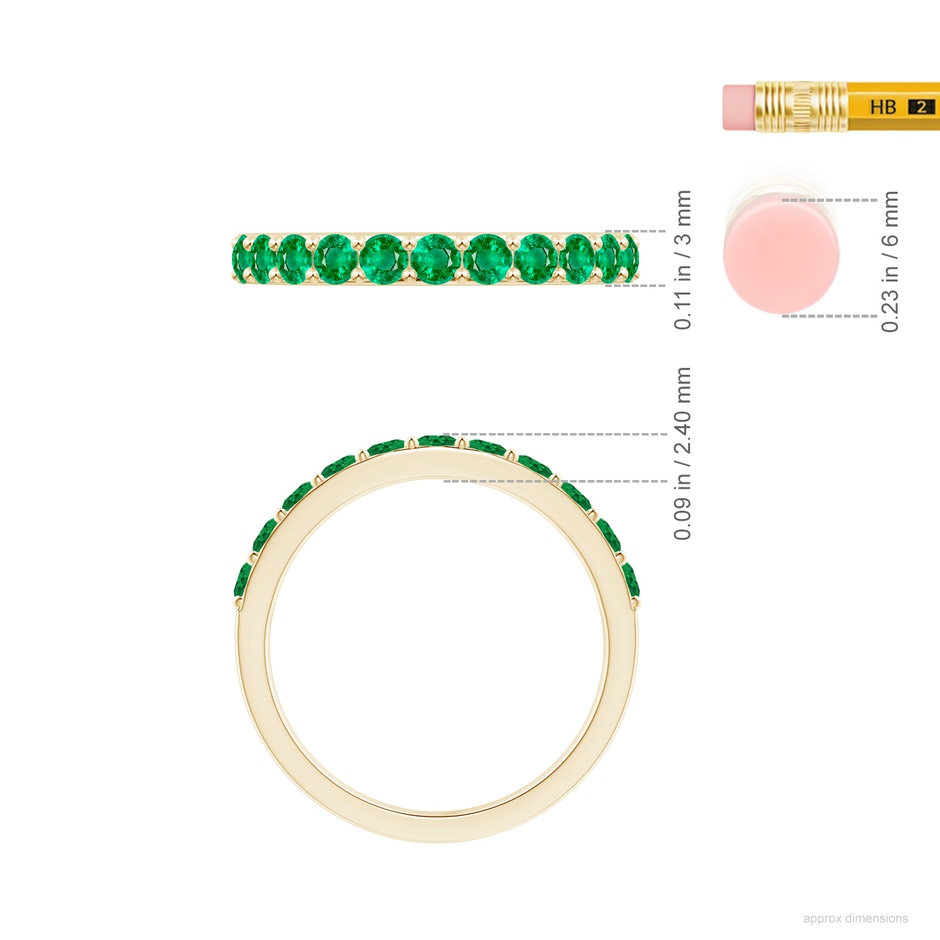 2.5mm AAA Prong Set Half Eternity Round Emerald Wedding Ring in Yellow Gold ruler
