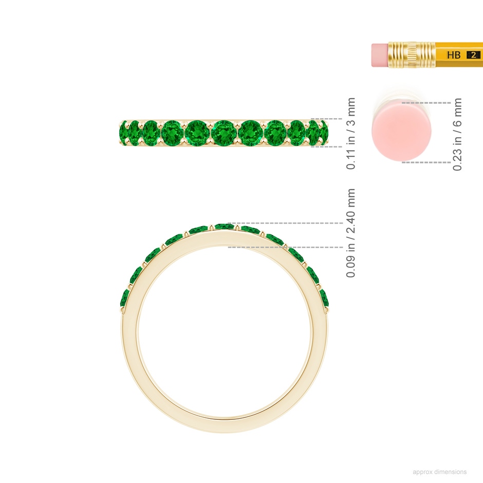 2.5mm AAAA Prong Set Half Eternity Round Emerald Wedding Ring in Yellow Gold ruler