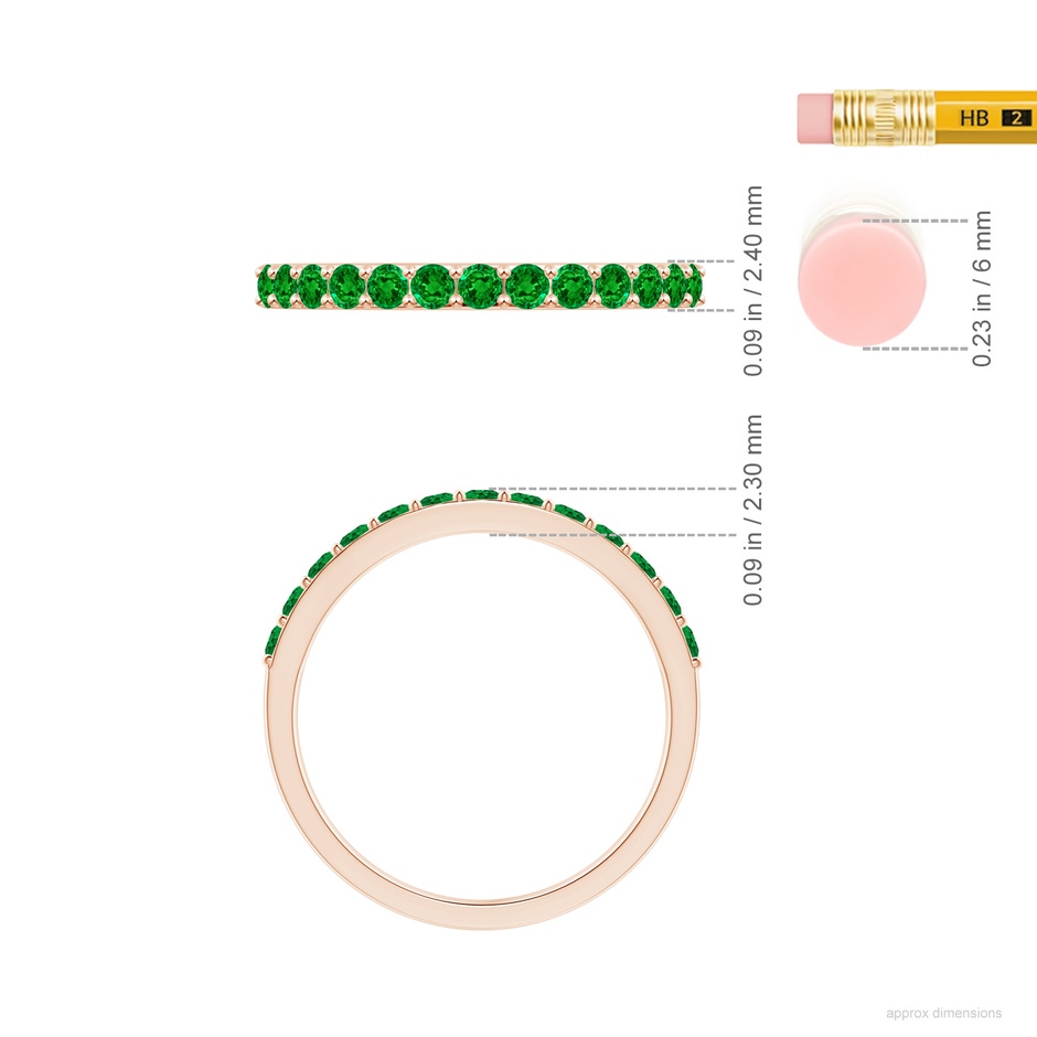 2mm AAAA Prong Set Half Eternity Round Emerald Wedding Ring in Rose Gold ruler