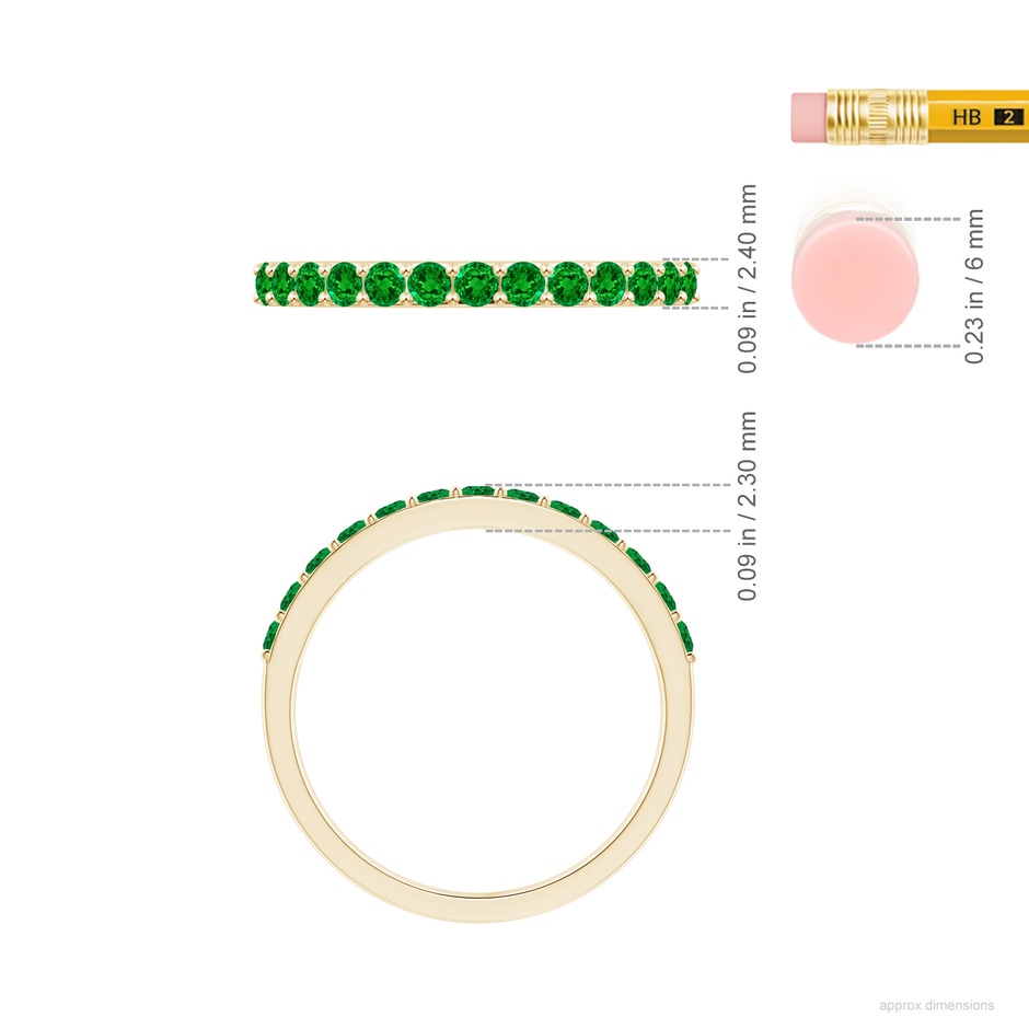 2mm AAAA Prong Set Half Eternity Round Emerald Wedding Ring in Yellow Gold ruler