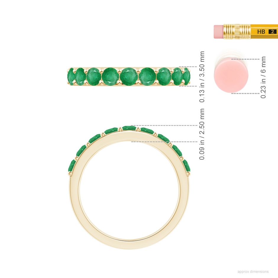 3mm A Prong Set Half Eternity Round Emerald Wedding Ring in 18K Yellow Gold ruler