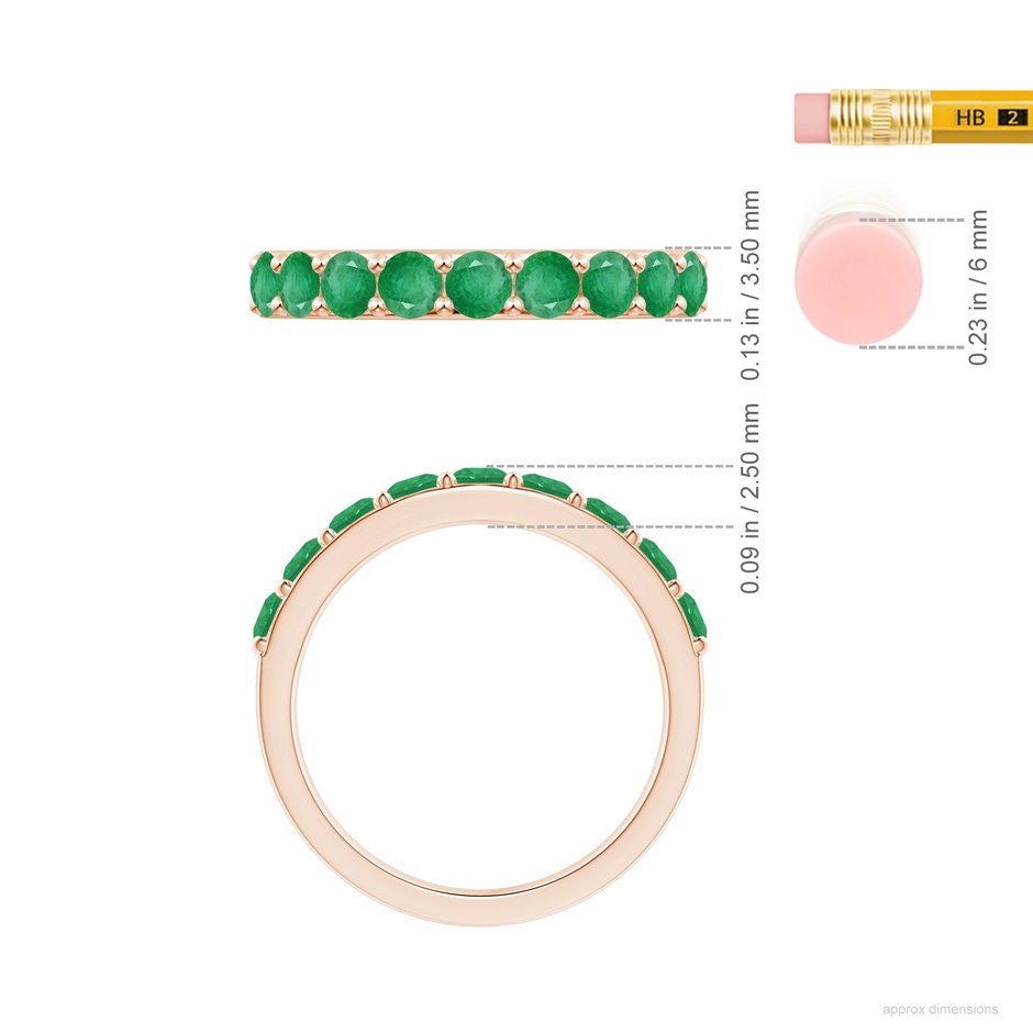 3mm A Prong Set Half Eternity Round Emerald Wedding Ring in Rose Gold ruler